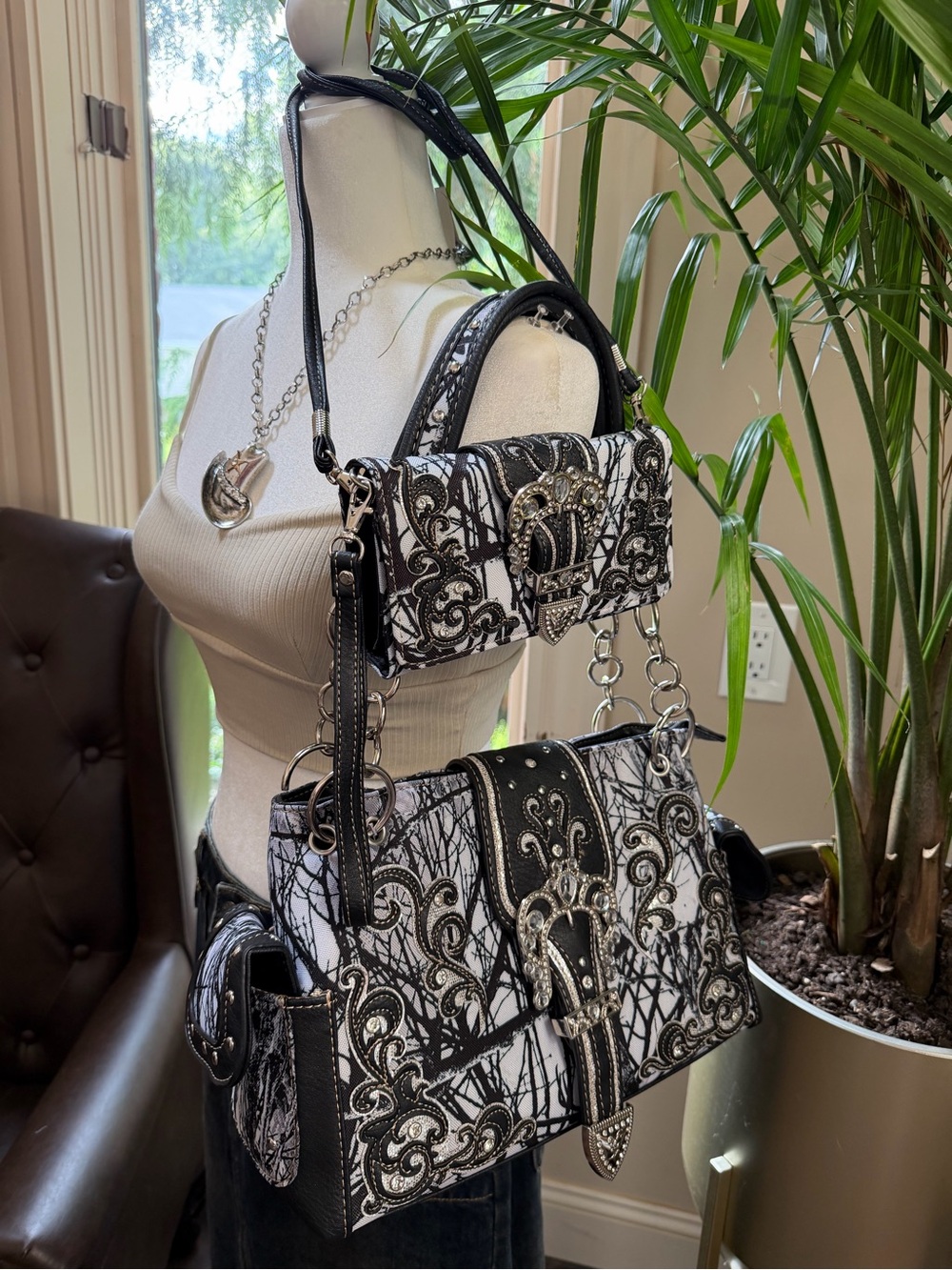 Bundle Western Camo Shoulder Bag Crossbody Wallet Cowgirl Hat Necklace Earrings